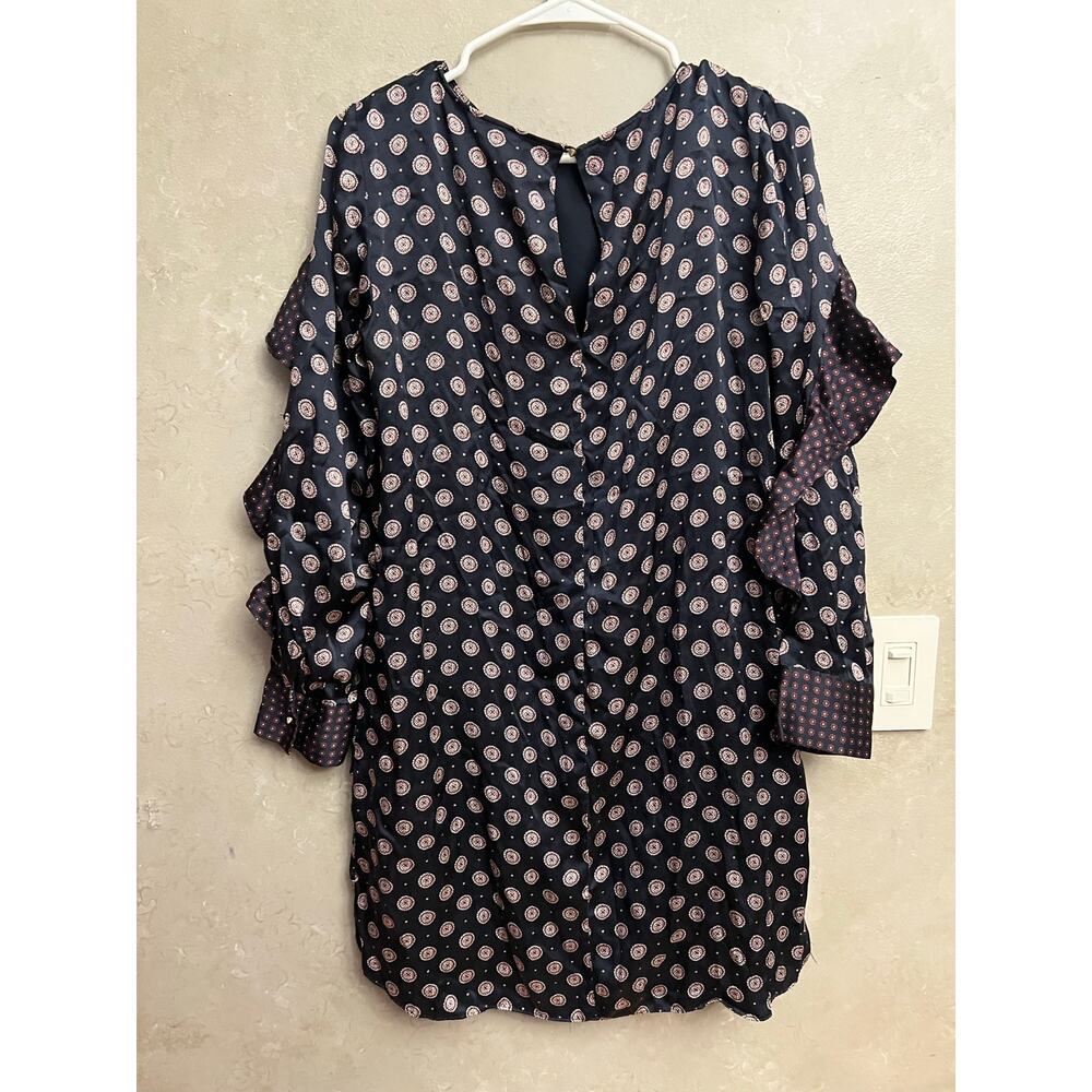 Banana Republic Navy 100% Silk Foulard Print Ruffle Long Sleeve Dress Sz 8 - Picture 9 of 16